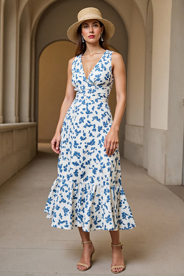 Floral White Blue Printed Wedding Guest Dress with Ruffles